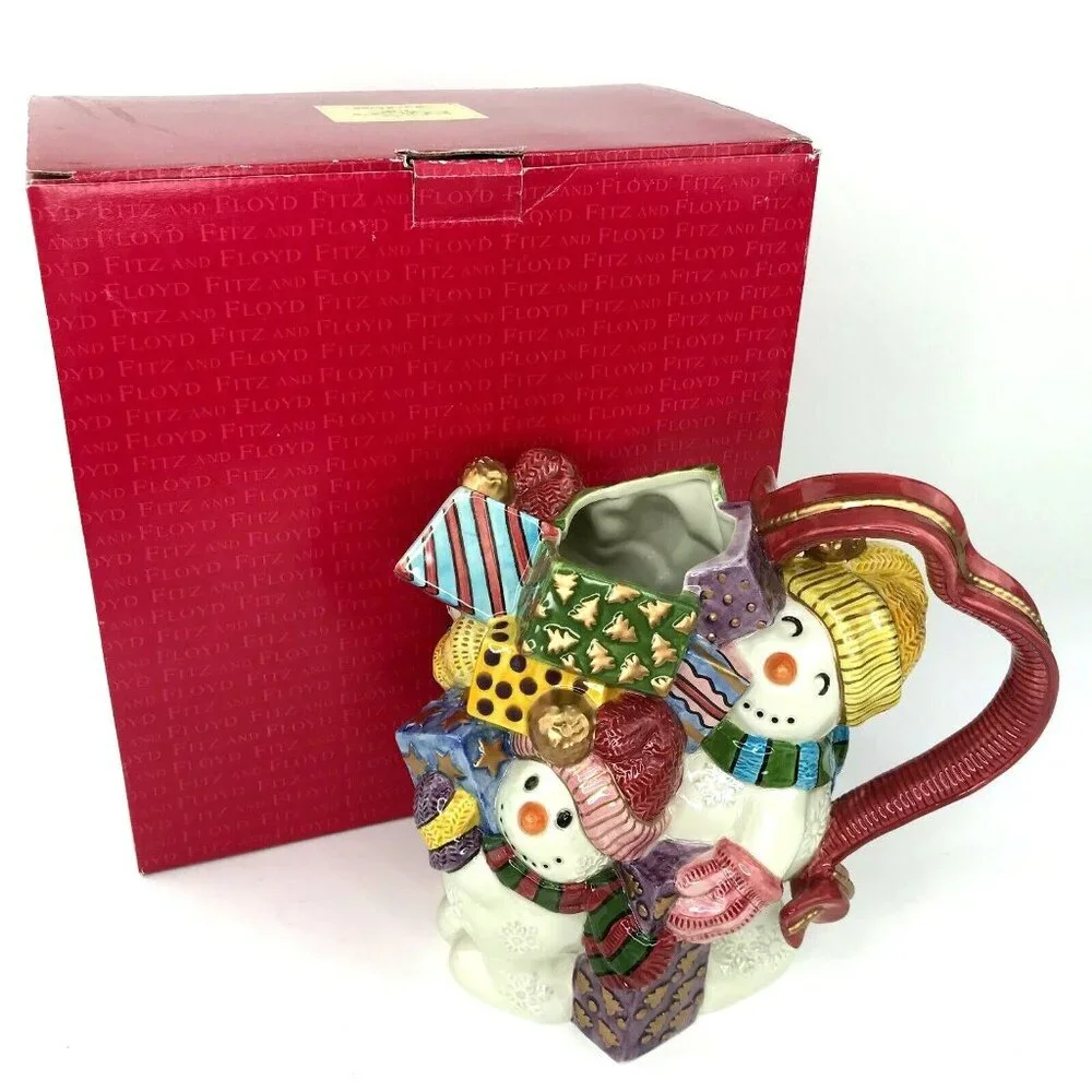 Vtg 1995 Fitz and Floyd Frosty Folks Pitcher Snowman Christmas Presents w/ Box